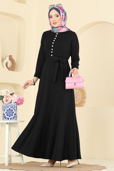 ModaMerve Yarım Düğmeli Burgu Elbise 4121PM271-MS Siyah