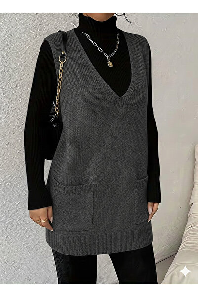 MaxiMor Women's Deep V-Neck Pocketed Knitwear Sweater Vest Pullover Loose Fit Smlxl Size Compatible Length 85 cm