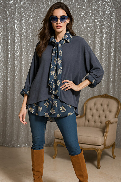 LaraLisa Women's Leaf Patterned Shirt Blouse Scarf Set