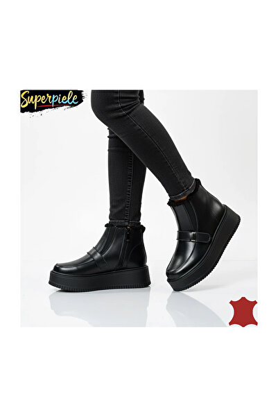 piele naturala Γυναικείες μπότες με μαύρη δερμάτινη επένδυση, φερμουάρ, διακο...