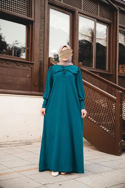 H HİJAB CENTER Emerald Green Peter Pan collar Piece Dress Nsr 5106