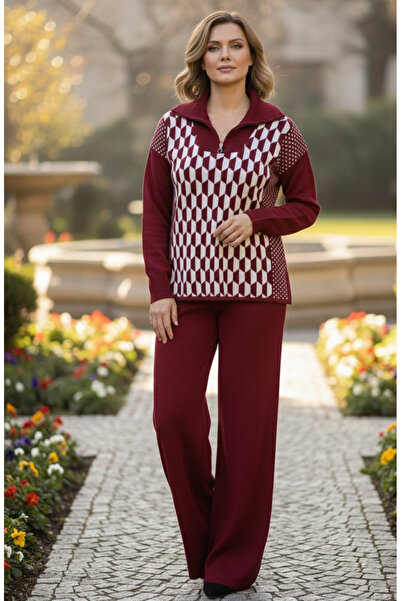 YusGos Women's Geometric Pattern Zipper Collar Bottom Top Pants Sweater Knitwear Set