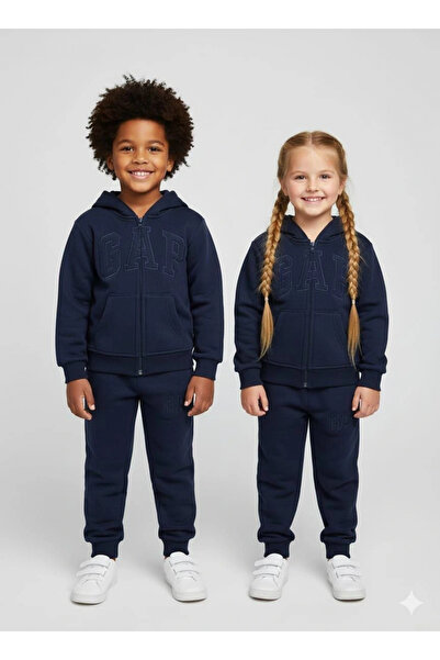 Kidmark Çocuk Modası Children's Unisex Hooded Brand Navy Blue 100% Cotton Bottom-Top Set