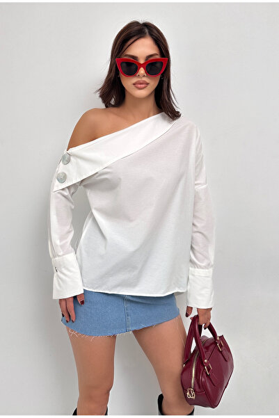 XELA KADIN DÜĞME DETAYLI ASİMETRİK YAKA UZUN KOL TASARIM GÖMLEK