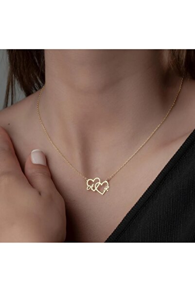 Butik İkili Kalp Formlu Baş harfli 925 Ayar Gümüş Kadın Kolyesi