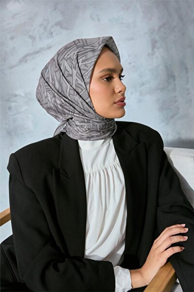 Silk Home Cotton Polyester Soft Scarf Gray Mink Geometric Pattern 90*90