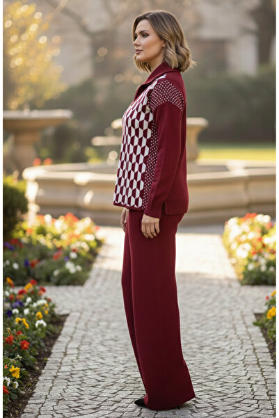 YusGos Women's Geometric Pattern Zipper Collar Bottom Top Pants Sweater Knitwear Set