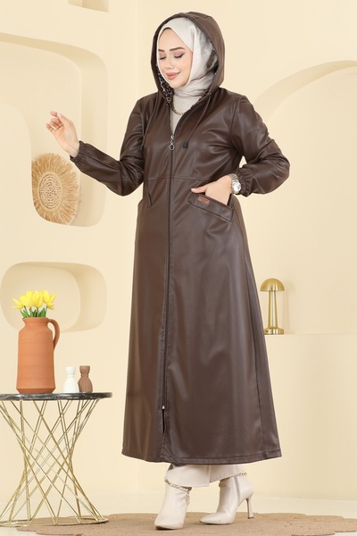 ModaMerve Kapüşonu Leopar Desenli Kap 1407ORG1169-MS Kahve