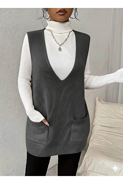 MaxiMor Women's Deep V-Neck Pocketed Knitwear Sweater Vest Pullover Loose Fit Smlxl Size Compatible Length 85 cm
