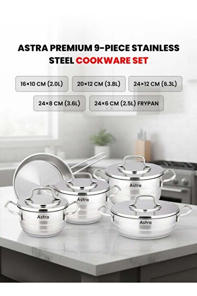 Astra 9-Piece Premium Stainless Steel Cookware Set (304 / 18/10)