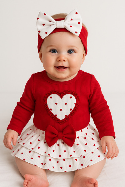 AKİ MODA KİDS Baby Girl Tiny Heart Detailed Skirted Bodysuit Bandana 3-Piece Baby Girl Set
