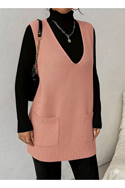 MaxiMor Women's Deep V-Neck Pocketed Knitwear Sweater Vest Pullover Loose Fit Smlxl Size Compatible Length 85 cm