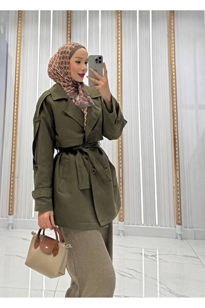 QUMRU Kadın Kuşaklı Süet Kısa Haki Trençkot