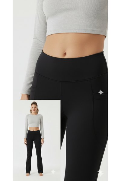 Newness Fashion Forwoard Black High Waist Shaping / Sculpting Double Pockets Flared Women's Sports Leggings Bootcut