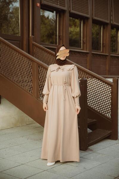 H HİJAB CENTER Beige Peter Pan collar Piece Dress Nsr 5106