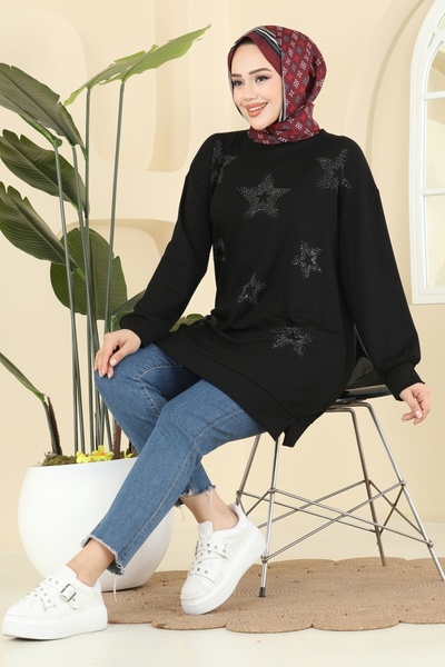 ModaMerve Yıldız Detaylı Modal Tunik 3225HBS856-MS Siyah