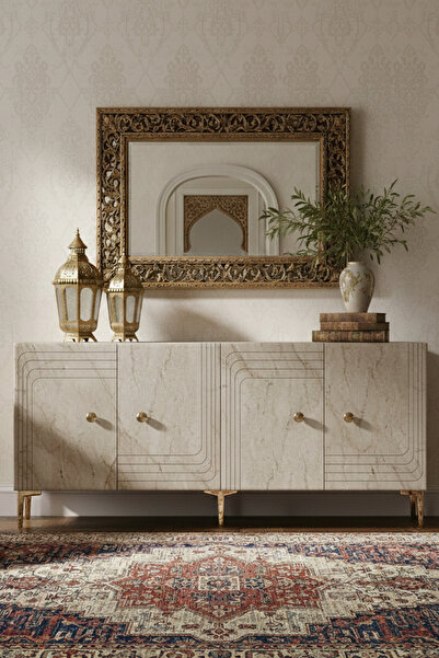 CENEYRA KA1805BTG LESSİ180 KONSOL, KAHVE KÖŞESİ ve TV SEHPASI BEYAZ-TRAVERTEN KAPAK-GOLD 180cm