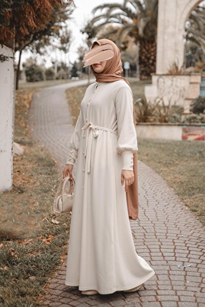 H HİJAB CENTER Ecru Coated Buttoned Dress Nsr 5107