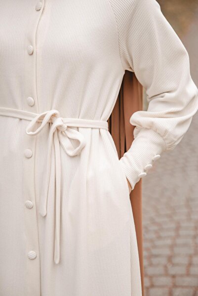 H HİJAB CENTER Ecru Coated Buttoned Dress Nsr 5107