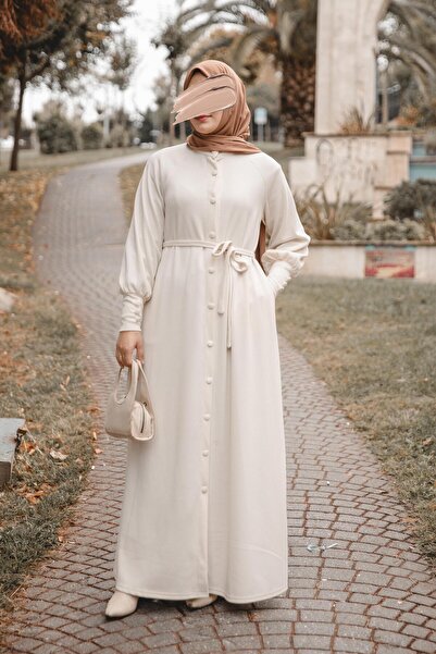 H HİJAB CENTER Ecru Coated Buttoned Dress Nsr 5107