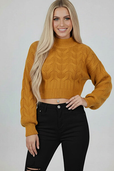 Millionaire Women's Mustard Yellow Thick Hair Knit Half Turtleneck Crop Knitwear Sweater