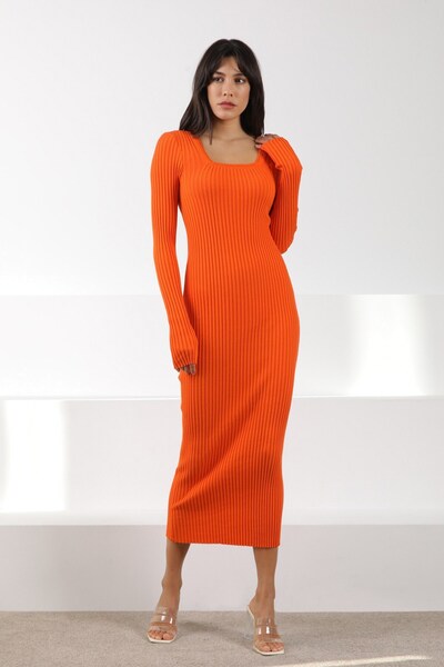 Ferraro Orange Square Collar Cotton Long Sleeve Corded Fabric Women's Knitwear Dress