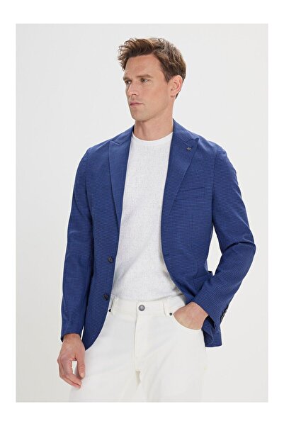 LC Waikiki Men's Navy Blue Slim Fit Slim Fit Swallow Collar Patterned Jacket