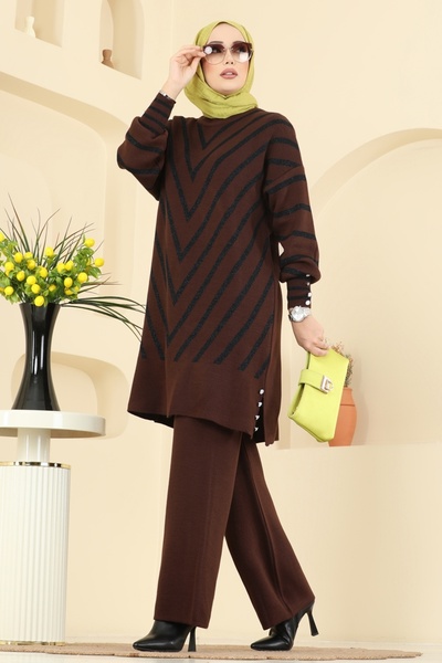 ModaMerve V Desen Triko Takım 2755AYD574-MS Kahve