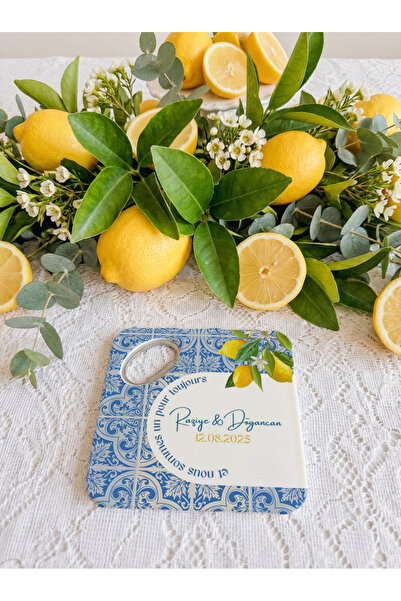 arslart Limon desenli mavi motifli magnet açacak bardak altlığı kişiye özel d...