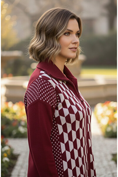 YusGos Women's Geometric Pattern Zipper Collar Bottom Top Pants Sweater Knitwear Set