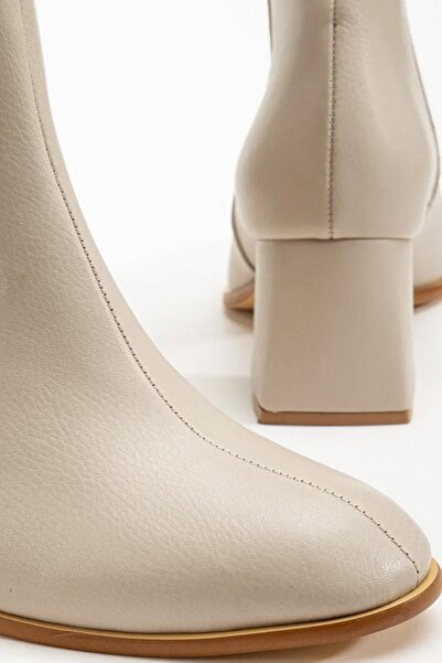 asmi shoes Women's Marta Beige Leather Thick Heeled Egg Toe Zippered Boots