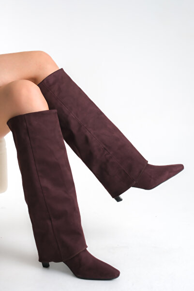 Ayakkabı Delisiyim Бургундски суедни дамски ботуши с къс ток под коляното и н...