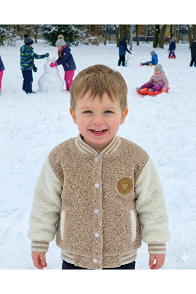 Asliva fashion Asliva Unisex Children's Beige Cream Plush College Coat, Warm Winter Jacket with Snap Fasteners (2-3-4 Years Old)