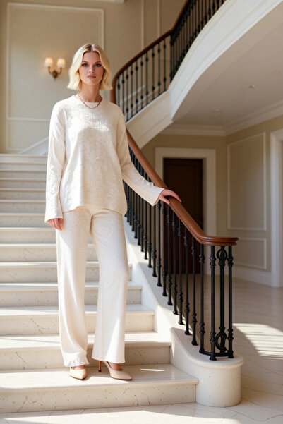 BENERLY Women's Bottom Top Corded Fabric Knitwear Set Crew Neck Low Sleeve Fu...