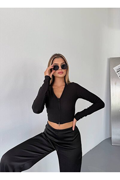 KECHİ WOMAN Ottoman Fabric Polo Neck Zippered Crop