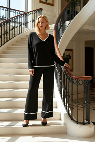 BENERLY Set de pantaloni largi pentru femei, cu decolteu în V, cu mâneci joas...