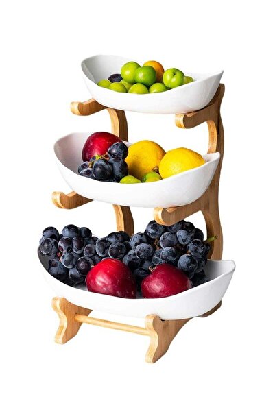 fulina 3 Tier Fruit Bowl, Ceramic Oval Fruit Tray with Bamboo Rack, Food Serving Tray for Fruit Snacks Dess