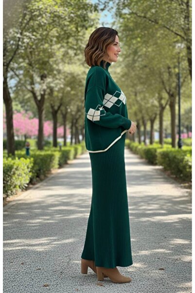 YusGos Kadın Baklava Desenli Kazaklı Triko Elbise