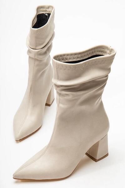 asmi shoes Women's Nomire Beige Leather Drawstring Pointed Toe Thick Heeled Boots