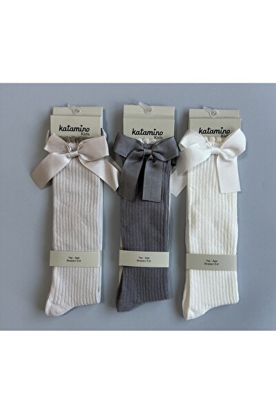 Katamino Kurdelalı Dizaltı 3'lü Kız Çocuk Çorap Seti