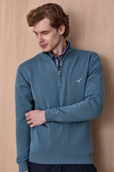 SMILE Hamnes Petrol 100% Cotton Zippered Knitwear