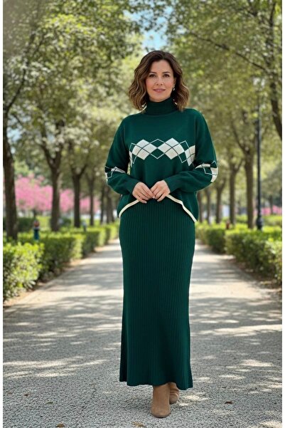 YusGos Kadın Baklava Desenli Kazaklı Triko Elbise