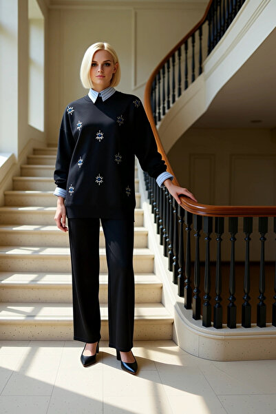 BENERLY Women's Bottom Top Mold Embroidery Eye Detail Acrylic Knitwear Sweate...