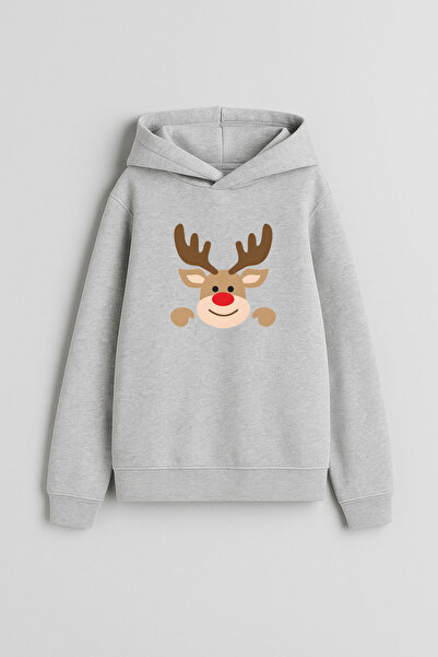 MODA Deer New Year Santa Claus Christmas Printed Gray Hooded Sweatshirt