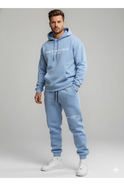 NİCE Three Thread Compact Hooded Inside Cotton San Francisco B Printed Premium O Oversized Tracksuit Set