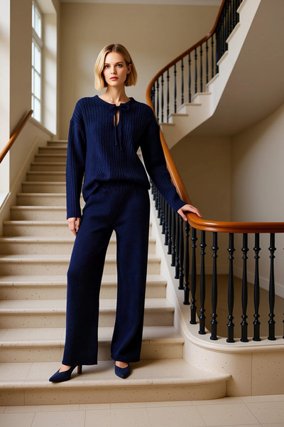 BENERLY طقم سترة وبنطلون نسائي من التريكو ذو نمط عادي مع تفاصيل ربط في الأسفل...