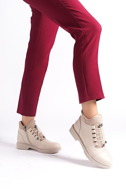 asmi shoes Γυναικείες μπότες Cesi Cream Stretch και Lace Tedaylı Thermo Sole μέχρι τον αστράγαλο