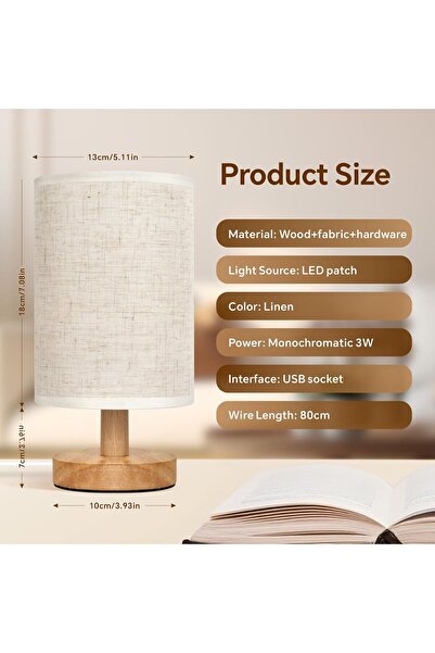 Baytion Bedside Table Lamp, Warm USB Charging, Linen Shade & Log Base (Button Switch; Fixed Lighting