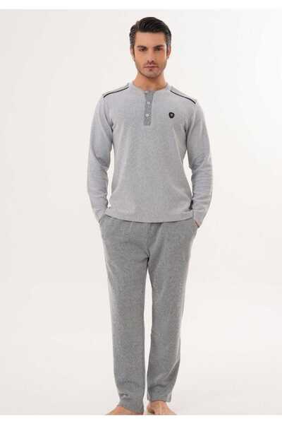 Lohusa Dünyasi Men's Crew Neck Half Buttoned Thessaloniki Fabric Winter Plus Size (Oversized) Pajama Set