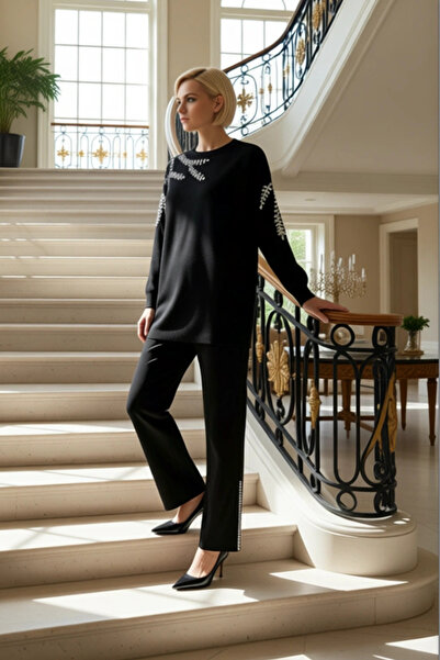 BENERLY Kadın Alt Üst Payet İşlemeli Triko Kazak Ve Geniş Paça Pantolon Takım...